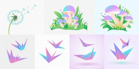 Pastel colored flowers, fungi, and origami birds