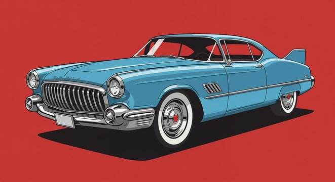 Fototapeta Vintage light blue car illustration against red background