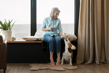 Smiling senior woman feeding beagle dog sitting on windowsill
