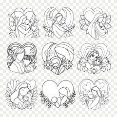 Minimalist Line Art of Mother Hugging Child &ndash; Elegant Black and White Illustration with Floral Heart Elements for Mother&rsquo;s Day Greeting Cards and Prints