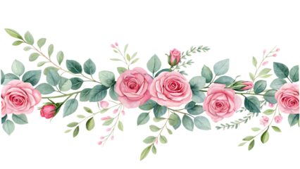 Pink rose flower and eucalyptus. Watercolor seamless floral border on white background PNG