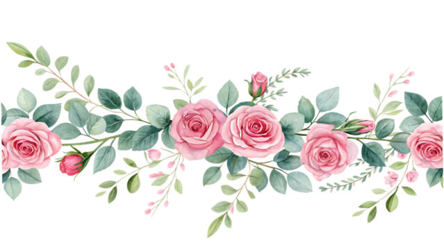 Pink rose flower and eucalyptus. Watercolor seamless floral border on white background PNG