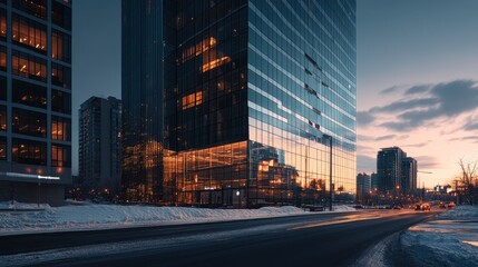 Cityscape sunset, modern glass skyscraper, snowy street, urban background, real estate