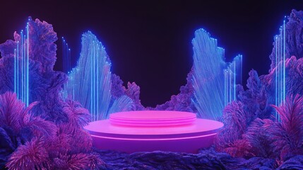 Fototapeta premium Neon Dreamscape: Futuristic Pink and Blue Platform in a surreal landscape