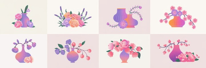 Delicate floral arrangements in stylized vases