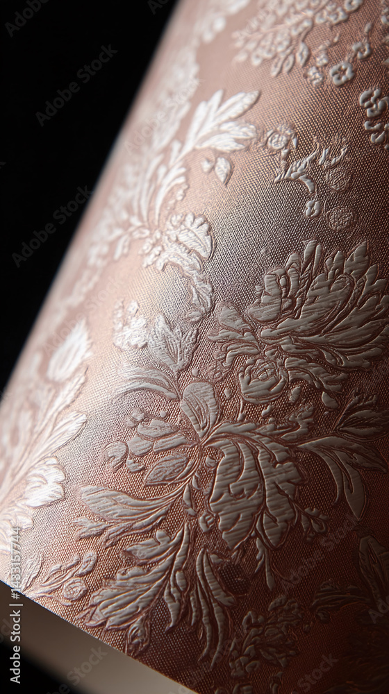 Poster close-up of embossed peach-colored textile with floral pattern, showcasing texture and detail, ideal