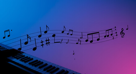 Musical Notes Flowing Over Piano Keyboard Creative Music Background Abstract Melody Design Website Header Social Media Post Album Cover Print Poster Flyer Brochure and More