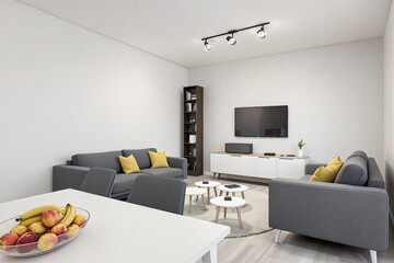 modern living room interior with gray sofas and yellow cushions