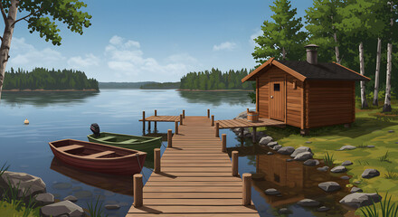 Naklejka premium Lakeside Cabin: Tranquil Wooden Dock and Boats in Serene Scenery