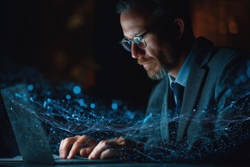 Fototapeta premium Focused Businessman Working on Laptop at Night with Blue Data Particles