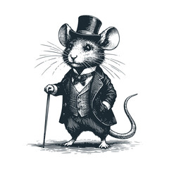 Black White Vector Illustration of a Victorian-Era Mouse in Suit with Bowler Hat and Cane: A Vintage Engraved Infographic