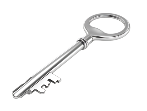 A silver key with intricate details placed on a white isolated background