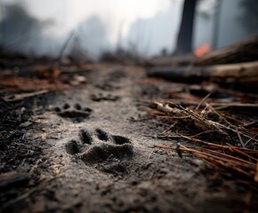 fresh deer hoofprints imprinted in soft gray ash and scorched earth, remnants of a forest fire visible around 