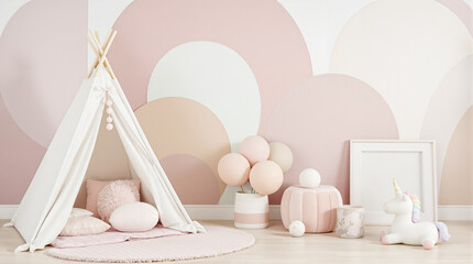 Fototapeta premium pastel-colored playroom with a white teepee pink pillows and an abstract wall