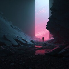 Fototapeta premium A solitary figure stands in a surreal landscape between rocky formations and a glowing portal