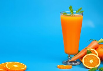 Glass of vibrant orange fresh carrot juice, isolated on blue,  simple,  closeup