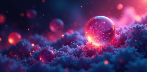 Glowing orbs suspended in mid-air amidst a swirling mesh of abstract particles and vibrant colors, particles, background, abstract