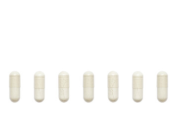 Scattered row white pills capsules close-up. png, isolated on transparent background. Empty Border. Mock up for special offers as advertising, web ideas. Medical, pharmacy and healthcare concept