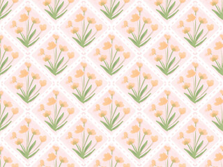 watercolor block print yellow tulip flower on pink seamless pattern background