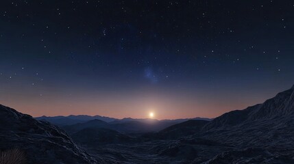 Alien Planet Sunset Landscape with Starry Night Sky