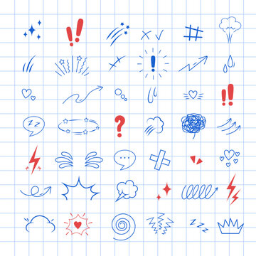 Anime Emotion effect set. Line movement element. Manga sparks on checkered notebook sheet. Hand drawn line Vector illustration.