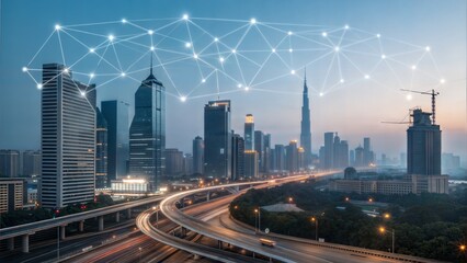 Obraz premium Smart city concept with interconnected digital points and lines, representing big data and advanced connectivity. (Bigdata)