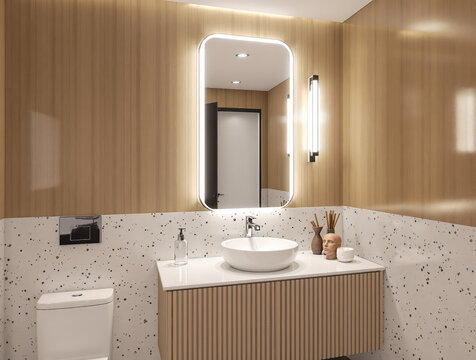 modern minimalist bathroom with illuminated mirror and wooden vanity