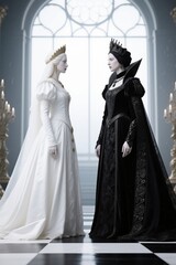 Naklejka premium there are two women dressed in black and white gowns standing in a room