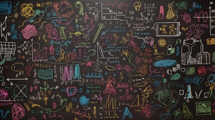 Chalkboard filled with colorful doodles of science, math, and languag