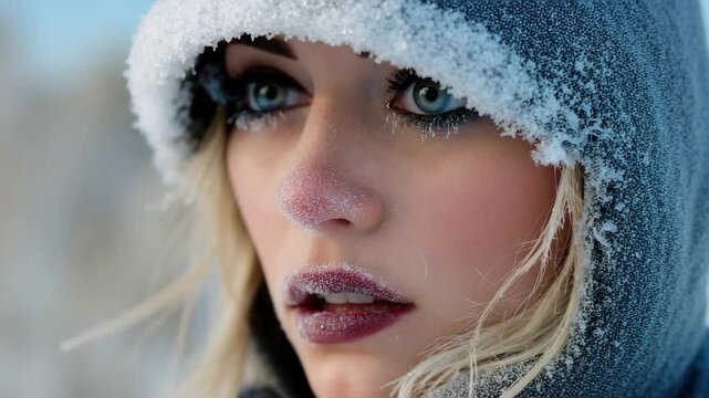 Winter portrait in blue hooded coat shows frozen eyelashes and frosty breath, capturing ethereal cold beauty and silent solitude