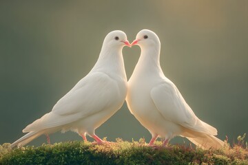 Obraz premium Doves in Embrace: Two pure white doves in tender moment, forming a heart shape, radiating the essence of love and peace. Capturing the serenity of nature's touch and emotion of affection.