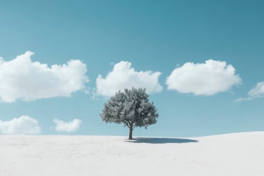 Solitary tree on a snow-covered plain under a vast, azure sky.