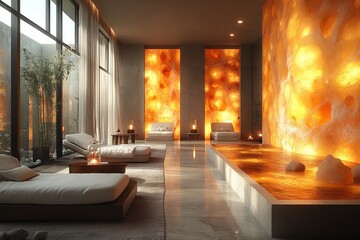 Luxurious spa relaxation room with backlit onyx walls