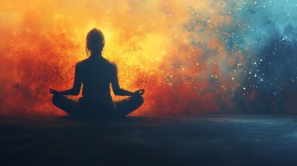 A colorful word cloud representing mindfulness concepts surrounds a seated figure, symbolizing tranquility and mental clarity.