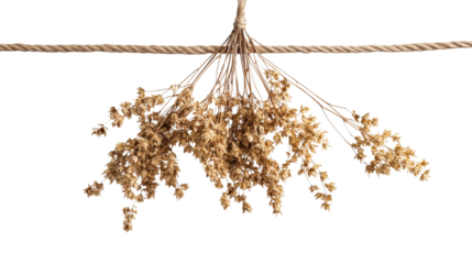 Dried flowers hanging on rope in a bright setting