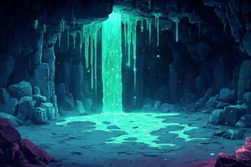 Glowing waterfall in dark cave, fantasy background, game design