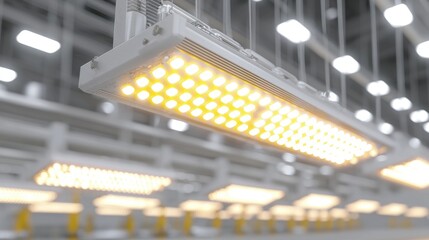 Bright LED industrial light fixtures illuminating a large modern factory or warehouse interior.