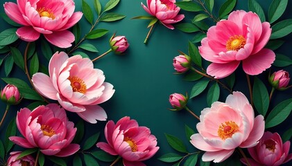 Obraz premium Bold peony blooms, lush green foliage, damask-style repeat, black, bright