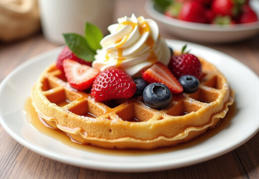 A close-up of a Belgian waffle, its golden-brown surface showcasing deep pockets perfect for holding toppings. The waffle has a slightly crispy texture.