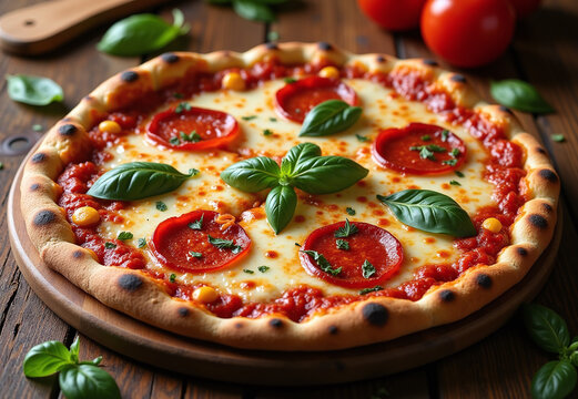 Delicious pizza featuring a rustic crust, a rich tomato base, melted cheese, slices of pepperoni, and vibrant green basil leaves. Served on a wooden platter.