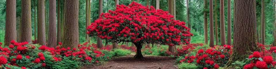 Vibrant Red Rhododendron Tree: Abstract Commercial Background for Creative Designs. AI-Generated High-Quality Illustration Perfect for Posters, Banners, and Digital Media. Striking Floral Imagery for 
