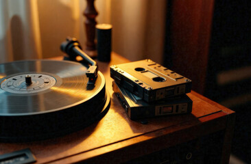 Overhead View of Stacked Cassettes and Vintage Record Player