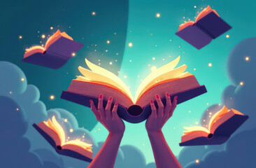 Surreal Floating Books with Ethereal Reaching Hands
