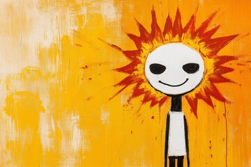 A cheerful sun like character with a simple, minimalist design, painted in shades of yellow, orange, and red against a textured yellow background. The artwork has a naive or childlike quality.
