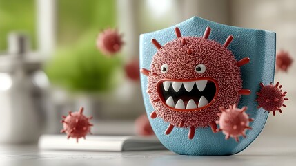 Cartoon virus icon bouncing off protective blue shield