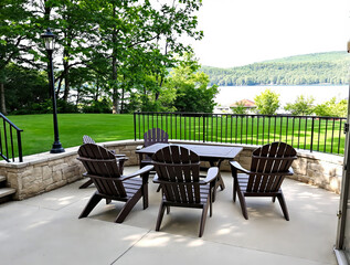Obraz premium four adirondack chairs on patio overlooking a serene lake