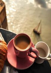 beach, coffee, cappuccino, sea, ocean, horizon, relaxing, vacation, travel, peaceful, tropical, 