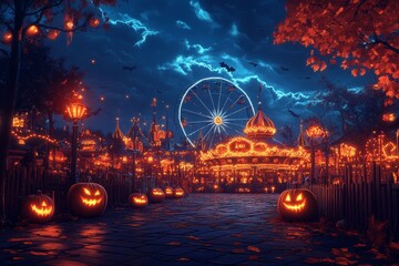 Halloween amusement park, night, spooky carousel
