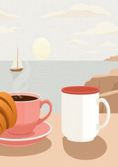 beach, coffee, cappuccino, sea, ocean, horizon, relaxing, vacation, travel, peaceful, tropical, 