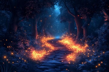 Firefly path, night forest, magical scene, fantasy art, wallpaper